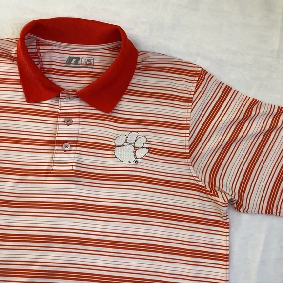Russell Athletic Clemson Tigers Polo Men’s Size Large Orange & White Striped - Picture 2 of 9